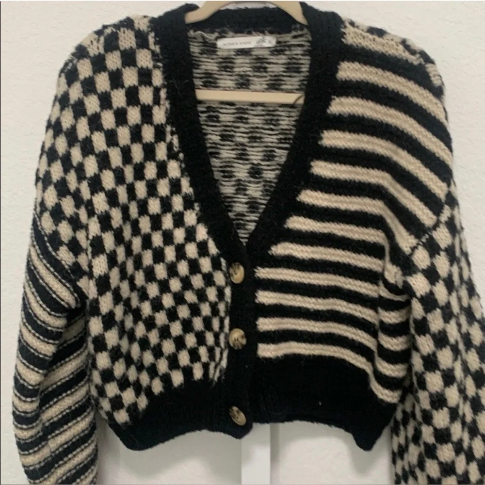 Altar’d State Claudia Checkered Cardigan Sweater Black & Cream Balloon Sleeve - Picture 8 of 13